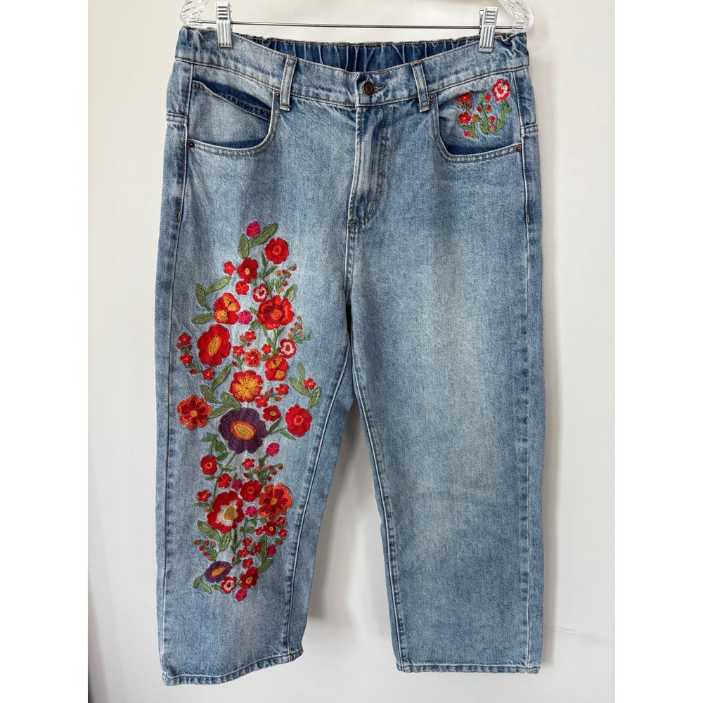 OH Jeans Floral Embroidered Light Wash Denim Straight Leg Pants Blue L